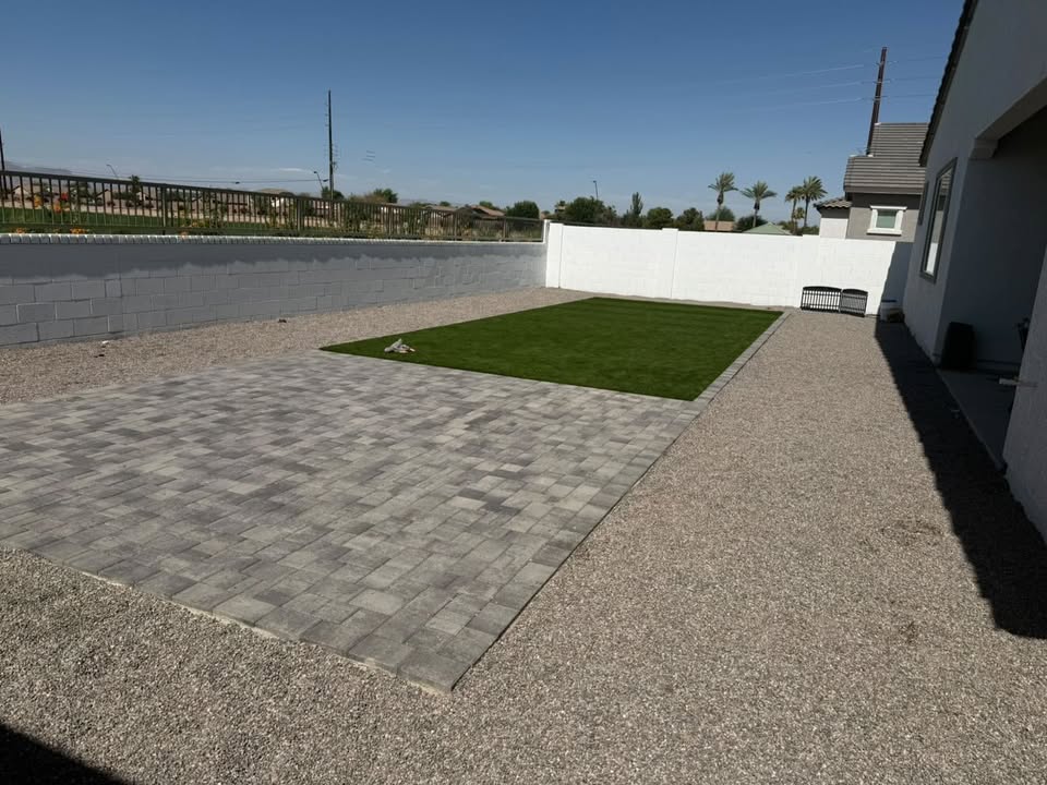 Vaquero X completed backyard — pavers and artificial turf Mesa AZ